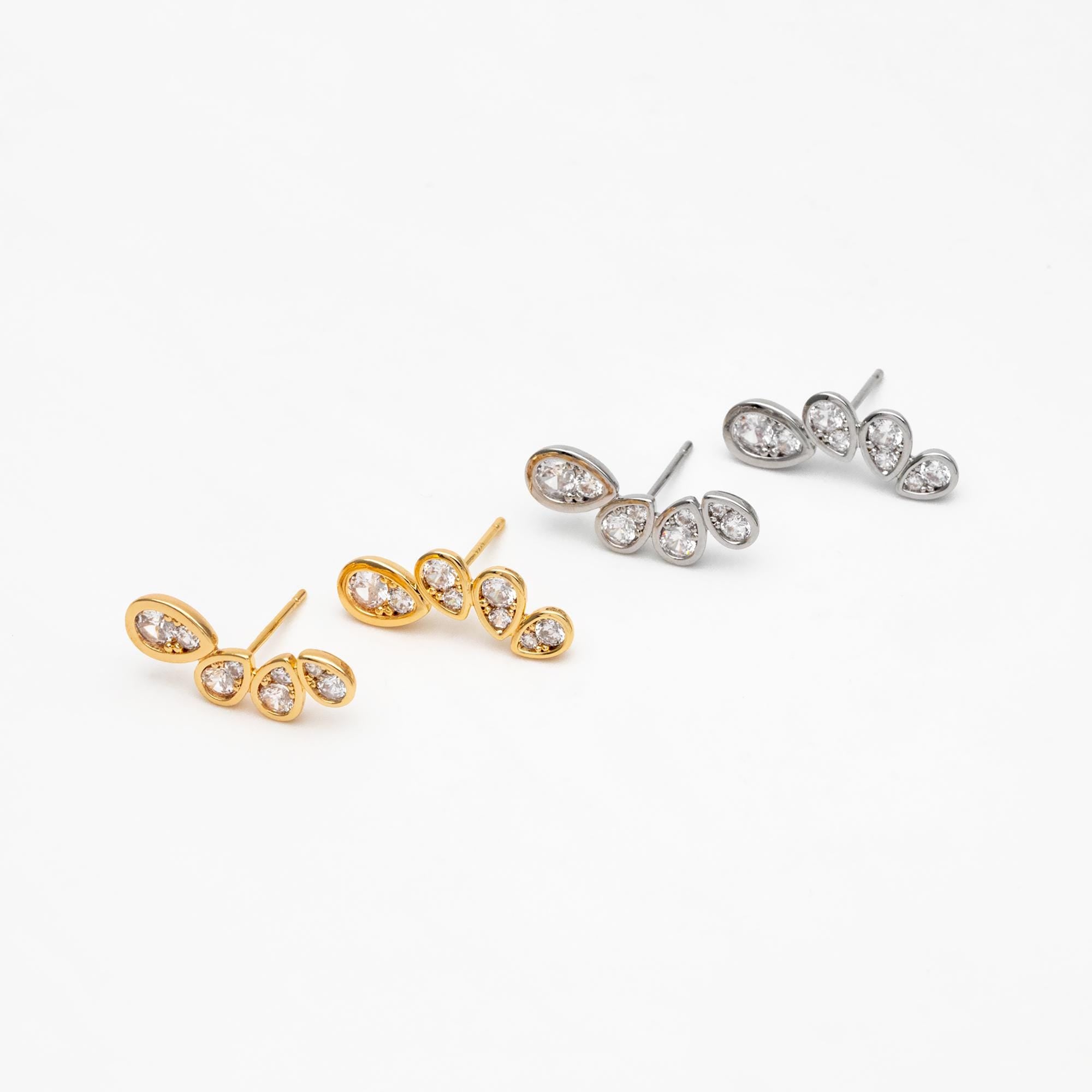 4pcs CZ Pave Gold/ Silver Tone Teardrop Earrings, 18K Gold/ Rhodium Plated Brass, Dainty Stud Earrings (GB-4488)